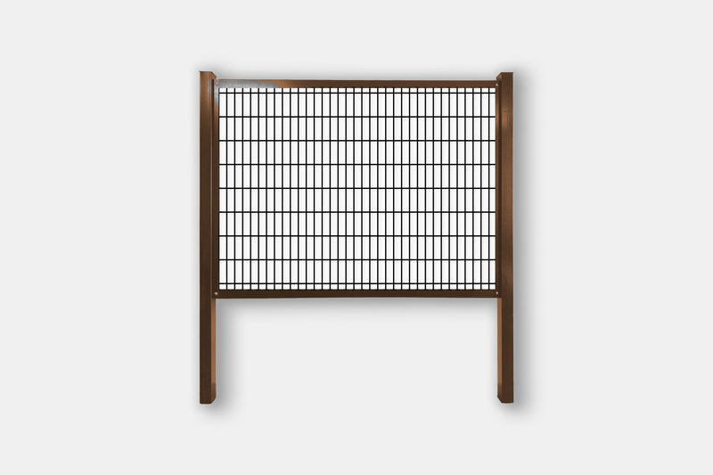 Load image into Gallery viewer, Brown frame cattle panel fence kit with 2" x 6" black welded mesh, steel posts and rails
