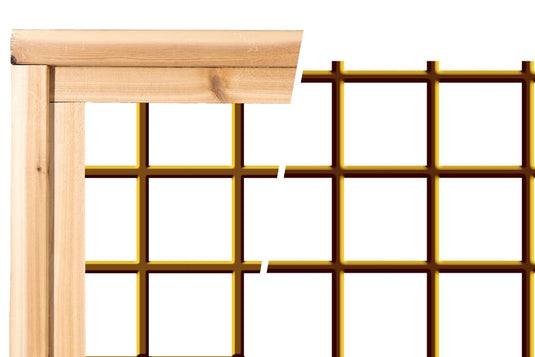 Brown hog wire fence panel shown framed in Western Red Cedar and unframed, 4