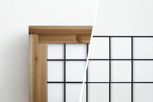 Black hog wire fence panel shown framed in Western Red Cedar and unframed, 4
