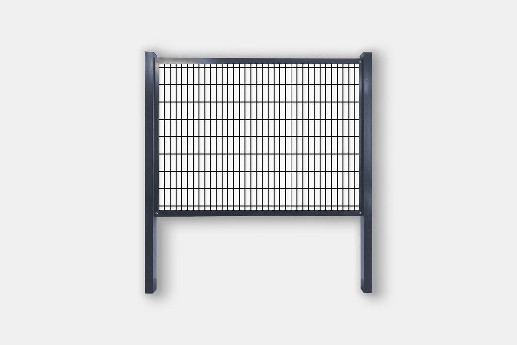 Grey frame cattle panel fence kit with 2" x 6" black welded mesh, steel posts and rails