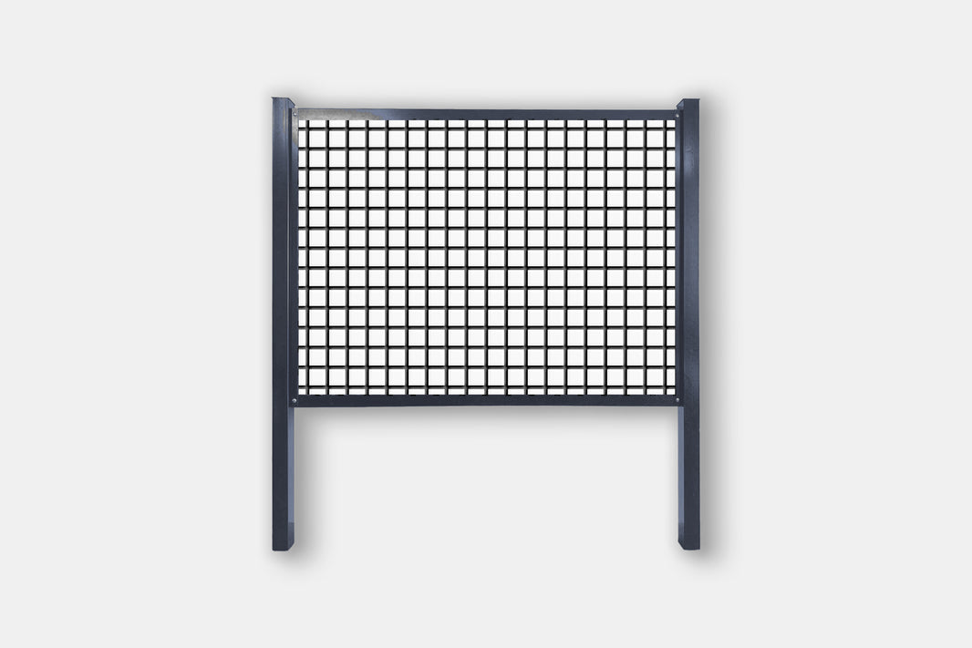 Grey frame cattle panel fence kit with 4" x 4" black welded mesh, steel posts and rails