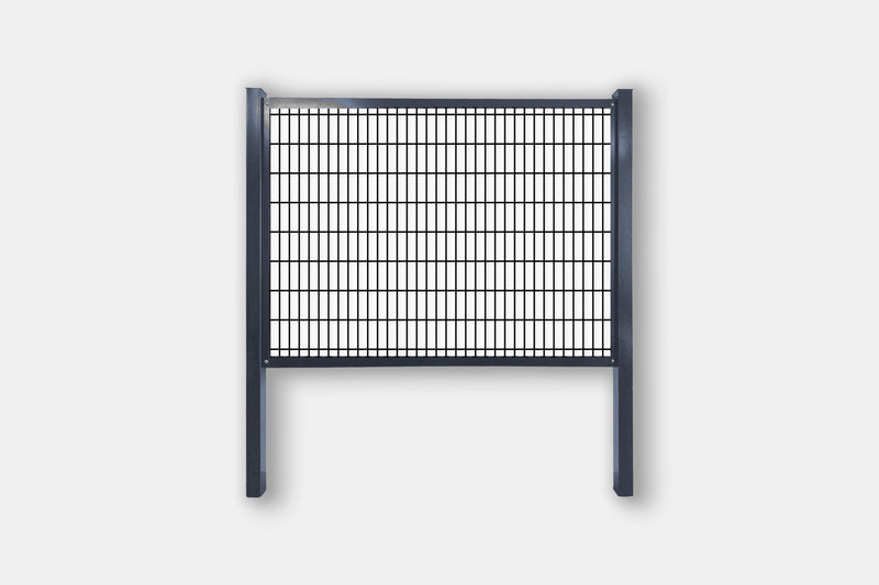 Load image into Gallery viewer, Grey frame hog wire fence kit with 2" x 6" black welded mesh, steel posts and rails
