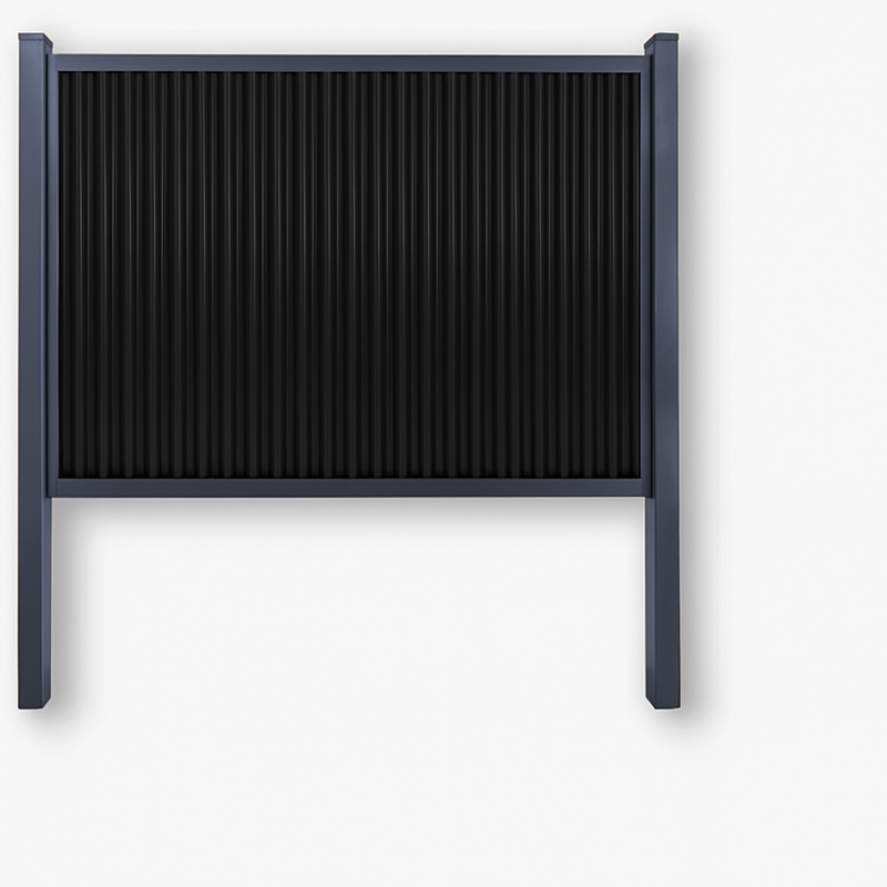 Load image into Gallery viewer, Grey frame metal privacy fence kit with black corrugated panel, steel posts and rails
