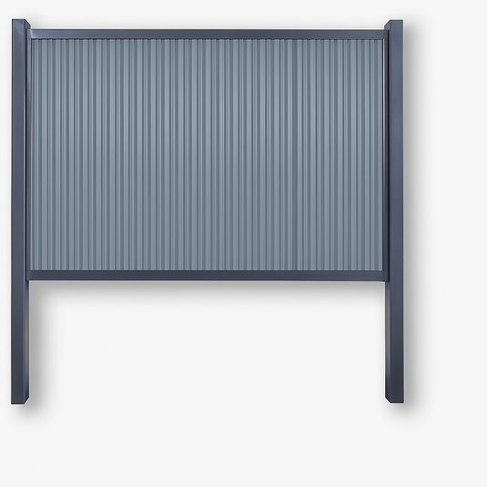 Grey frame metal privacy fence kit with grey corrugated panel, steel posts and rails