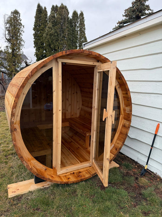 Hand Made Barrel Sauna – Traditional Western Red Cedar Sauna - The Laurentian - BarrierBoss™